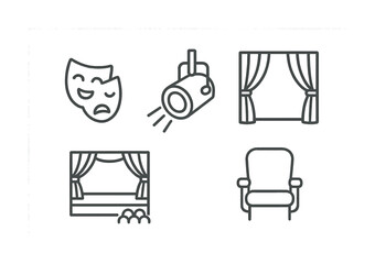Theater symbols set: drama masks, spotlight, curtain, stage, armchair