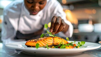 Chef preparing a plated salmon dish (1)