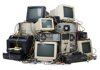 Chaotic pile of discarded vintage CRT monitors, computer towers, printer, media player, and tangled cables on a transparent studio background with soft light, concept of e-waste and obsolescence
