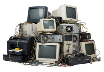 Chaotic pile of discarded vintage CRT monitors, computer towers, printer, media player, and tangled cables on a transparent studio background with soft light, concept of e-waste and obsolescence