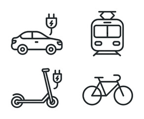 Obraz premium Electric car, train, scooter, and bicycle icons representing eco-friendly transportation