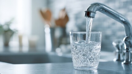 A glass cup being filled with clean water from a tap in the kitchen.