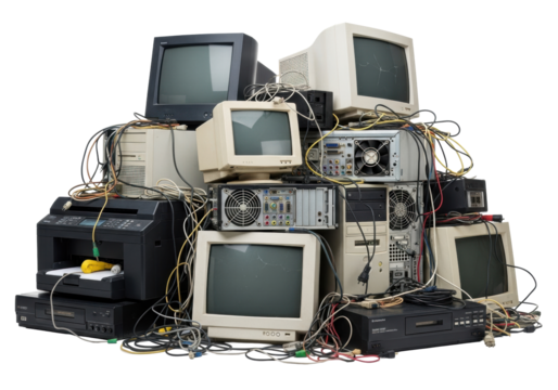 Chaotic pile of discarded vintage CRT monitors, computer towers, printer, media player, and tangled cables on a transparent studio background with soft light, concept of e-waste and obsolescence