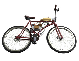 Fototapeta premium Antique Style Engine Bicycle 3D Illustration: Classic Appeal Retro Two-Wheeler with Small Fuel Tank. A Modern Classic Motor Bike Concept for Road Travel and Eco Transport. Isolated on White.