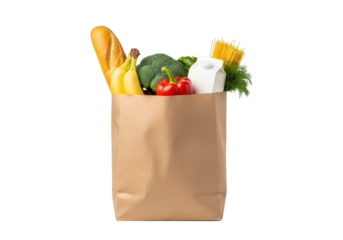 Sturdy brown paper grocery bag filled with fresh baguette, yellow bananas, red pepper, broccoli, milk carton, spaghetti, and dill, on transparent studio background, clean product shot concept