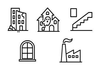 Minimalist line art: dilapidated buildings and haunted house icons collection