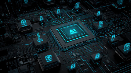 Fototapeta premium Glowing AI core on dark circuit board with padlocks and digital shield icons in neon blue cybersecurity theme