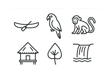 Obraz premium Simple black line illustrations of canoe, parrot, monkey, hut, leaf, and waterfall
