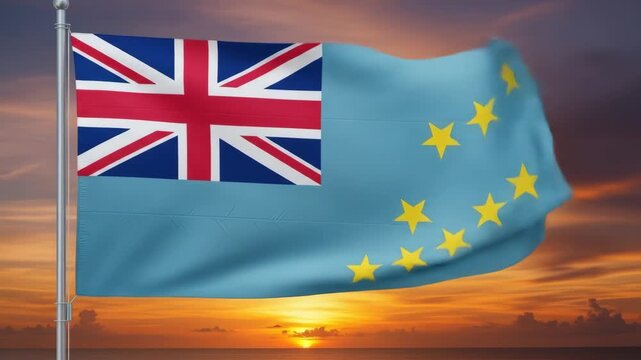tuvaluan national flag waves majestically against vibrant sunset over ocean. symbolizing national pride, its stars and union jack feature prominently. tuvalu independence day, travel