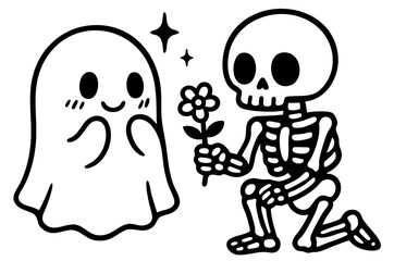 Adorable blushing ghost watching skeleton kneeling with flower in hand