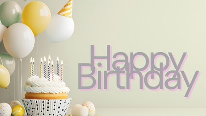 Happy Birthday Celebration with Cupcake, Candles, and Balloons