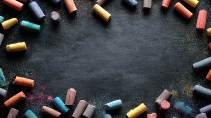 Blank blackboard adorned with scattered chalk pieces, symbolizing potential for learning, inviting creativity and knowledge, ideal for educational themes and brainstorming sessions