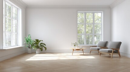 Fototapeta premium Bright living room interior with white empty wall