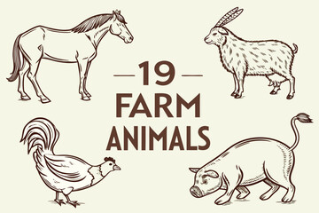 Naklejka premium Vintage Style Farm Animals Collection Horse Goat Rooster Pig Illustration retro