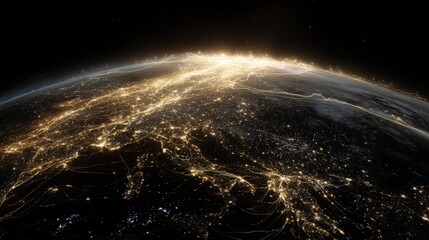 Fototapeta premium Celestial view of a planet's illuminated network of lights.