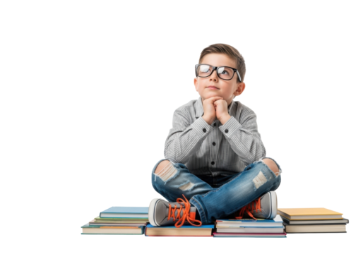 Young caucasian boy, 8-10, glasses, striped shirt, on books, looking at glowing rocket on white studio background with copy space. Concept of boundless imagination and learning