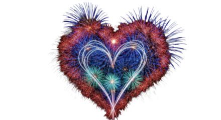 Spectacular heart-shaped fireworks explosion in electric blue, red, teal, purple against a deep black night sky with radiating sparks and light trails, joyous celebration of love