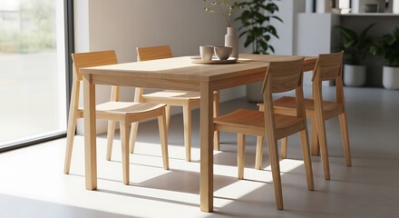 Fototapeta premium Sunlit Modern Dining Room with a Natural Wood Table and Chairs