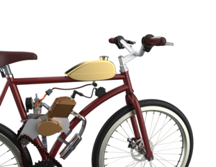 Vintage Motorized Bicycle 3D Render: Detailed maroon frame bike with white-wall tires, engine kit, isolated on high-resolution PNG transparent background. Retro urban commuting vehicle asset.