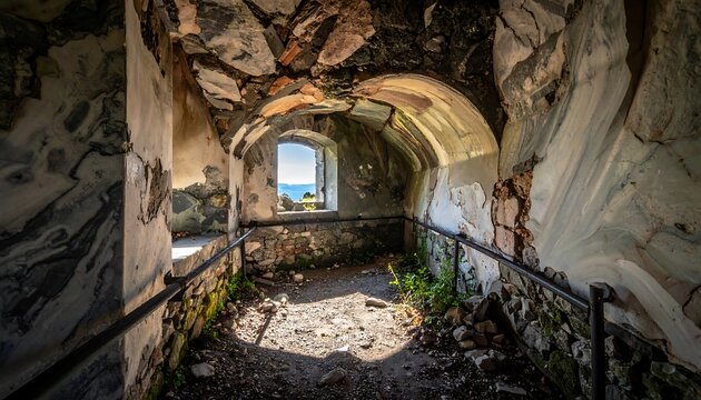 Sunlit interior of a crumbling stone structure