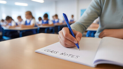 Focused Learning: A close-up view showcases a student diligently taking notes in a classroom, capturing the essence of focused learning and the pursuit of knowledge.