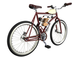 Fototapeta premium Vintage Motorized Bicycle 3D Render: Detailed maroon frame bike with white-wall tires, engine kit, isolated on high-resolution PNG transparent background. Retro urban commuting vehicle asset.