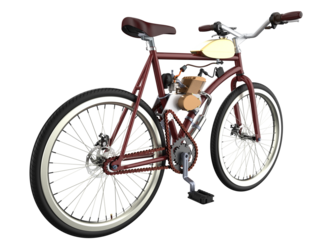 Vintage Motorized Bicycle 3D Render: Detailed maroon frame bike with white-wall tires, engine kit, isolated on high-resolution PNG transparent background. Retro urban commuting vehicle asset.