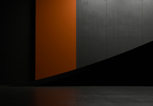 Dark abstract podium with orange accent for automotive exhibition and luxury product display