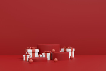 Red Christmas background with white gift boxes, striped ornaments, and festive decorations. 3D Illustration