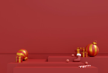 Minimal red Christmas background with gift boxes and golden ribbon decorations for holiday celebration. 3D Illustration