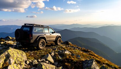 Off-Road Vehicle Ascending Mountain Summit under Cloudy Sky in Scenic Landscape