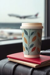 A disposable coffee cup with a leaf pattern sits on a stack of notebooks, overlooking a departing airplane through a window.
