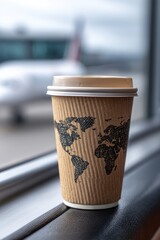 A disposable coffee cup, featuring a world map design, rests on a window sill, showcasing a simple, travel-themed beverage.