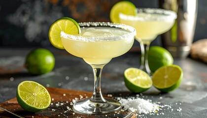 Two cocktails, garnished with lime slices, sit on a dark surface