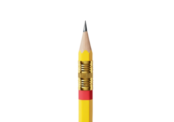 Bright yellow classic wooden pencil with sharpened graphite tip, gold ferrule, red eraser on a transparent background with copy space. Concept of education and creative thought