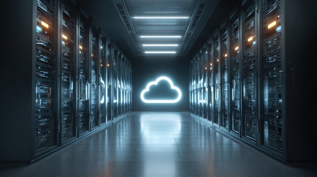 Digital cloud computing illustration in server room.