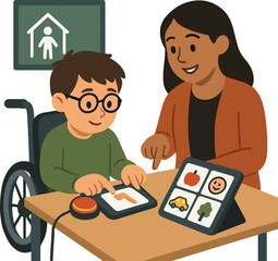 Child in special-needs class using switch-accessible device assistant smiling and tapping to help illustration