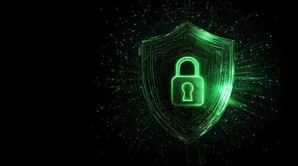 Digital shield with lock symbol, green glowing effect on dark background.