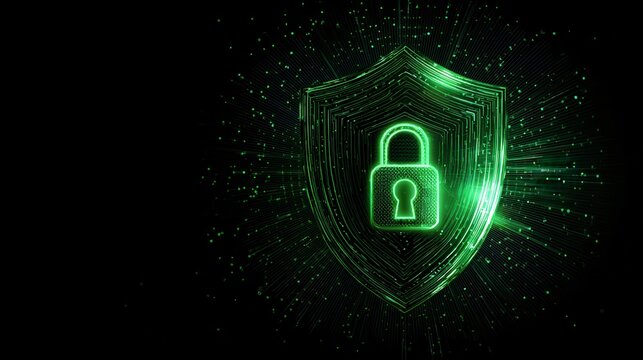 Digital shield with lock symbol, green glowing effect on dark background.