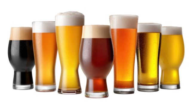 Artisan Beer Selection: A curated selection of meticulously crafted beers, each displaying a unique hue and a frothy, creamy head, inviting a sensory exploration of flavors and aromas.