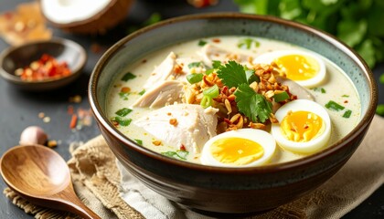 Soto Medan Medanese Chicken Soup. Traditional Indonesian Food