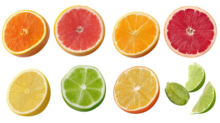 Obraz premium Citrus Variety: A close-up shot presents a vibrant array of citrus fruit slices, each displaying its unique color, texture, and essence, creating a visual feast of flavor and freshness.