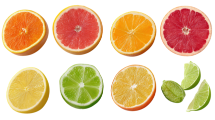 Citrus Variety: A close-up shot presents a vibrant array of citrus fruit slices, each displaying its unique color, texture, and essence, creating a visual feast of flavor and freshness.