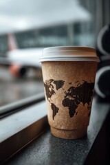A disposable coffee cup, adorned with a world map design, sits on a windowsill, overlooking a blurry airport scene.