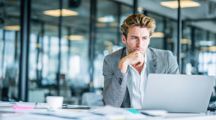 Focused financial analyst working on earnings report in corporate office environment