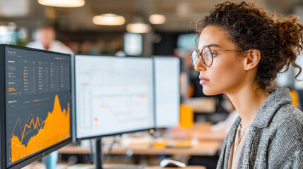 Focused financial analyst reviewing earnings reports during a busy workday in an office