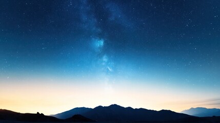 Fototapeta premium Night Sky with Stars and Milky Way: A breathtaking nightscape unfolds, showcasing the majestic Milky Way galaxy streaking across the inky canvas of the heavens above a tranquil mountain range.
