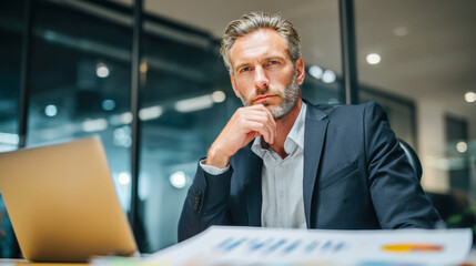 Financial analyst contemplating critical earnings report in modern office environment