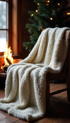 Cozy winter scene featuring a plush, textured throw blanket draped over a rustic wooden chair near a warm fireplace, creating a feeling of comfort and warmth , embers, season, blanket