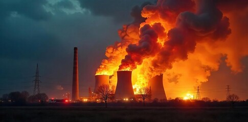 Dramatic image of a large-scale industrial fire engulfing a power plant, billowing smoke and flames against the dark sky Emergency vehicles are visible in the distance , catastrophe, facility